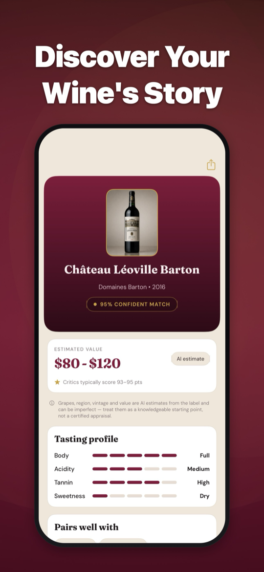 Wine Identifier result screen showing Château Léoville Barton with an estimated value range and tasting profile